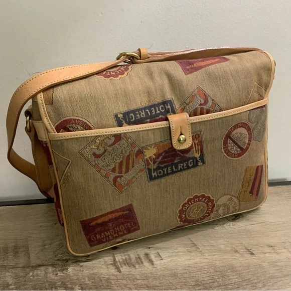 Vintage DESMO Beige JACQUARD LEATHER Travel Icons MESSENGER Tapestry PURSE BAG - Picture 3 of 6